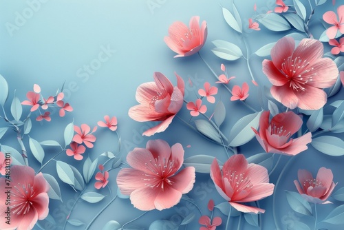 Paper Art Floral Design in Shades of Coral and Blue