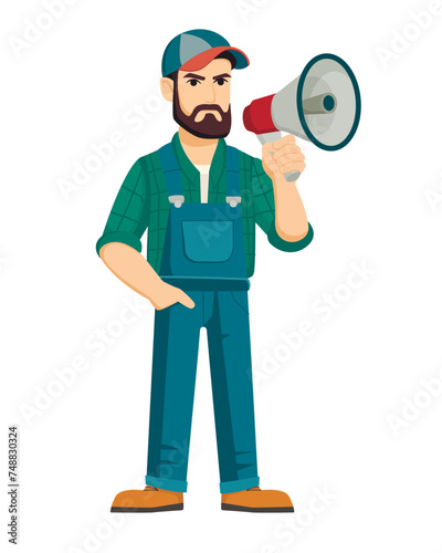 Farmer protest with placard and loudspeaker. Demonstration concept