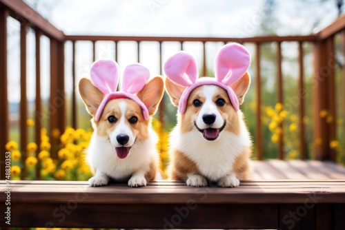 Two lovely dogs wearing toy Easter Bunny ears sitting outdoors on a porch, springtime and easter time.