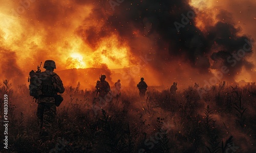 Soldiers push forward through a field engulfed in flames