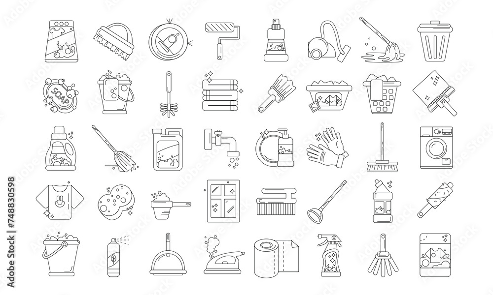 Set of 40 line cleaning web icons such as shampoo,sanitize,dishwashing detergent,cleaning tools,cleaning house,trash,broom,suspension. vector illustration on white background Set of 40 line cleaning web icons such as shampoo,sanitize,dishwashing detergent,cleaning tools,cleaning house,trash,broom,suspension. vector illustration on white background