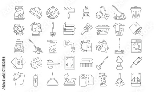 Set of 40 line cleaning web icons such as shampoo,sanitize,dishwashing detergent,cleaning tools,cleaning house,trash,broom,suspension. vector illustration on white background
