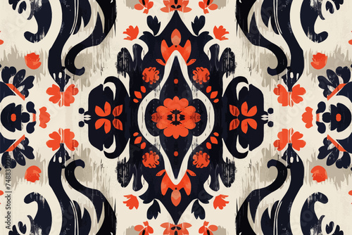 The Ikat seamless pattern reflects iconic architectural marvels in a flat design style.