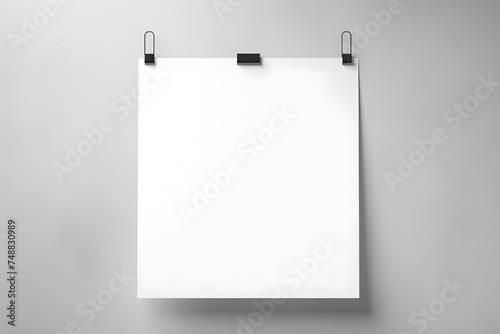 mockup a blank white poster or sheet of paper. It’s clipped at the top and hanging against a grey wall photo