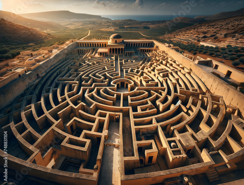 The legendary Labyrinth of Knossos, the intricate maze designed by Daedalus to house the Minotaur in Greek mythology