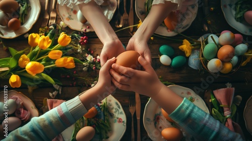 Family sitting at a festive Easter table with colored eggs and holding hands as a sign of unity on the festive holy day
