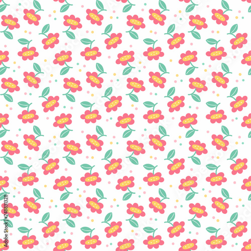 Pink flowers seamless pattern. Cute flowers hand drawn flat design.