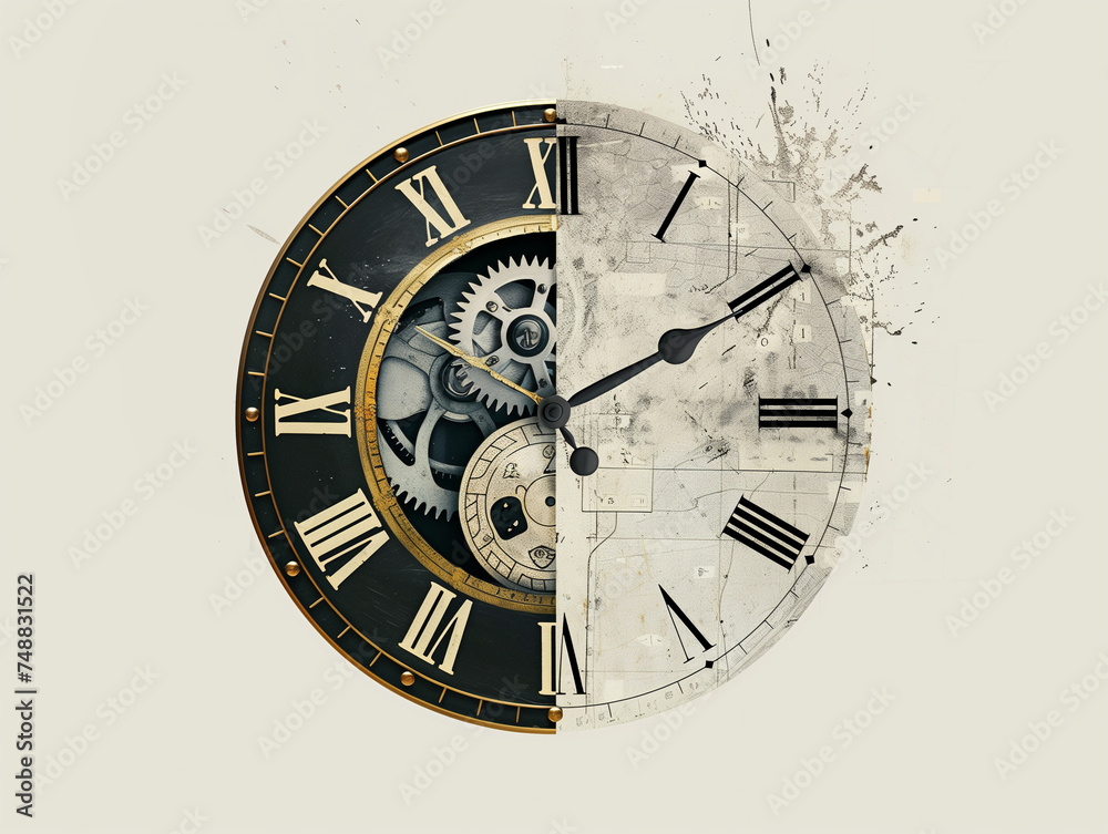 Horloge dont les deux moitiés sont séparées : l'une blanche et design, l'autre noire et antique sur arrière-plan blanc - obrazy, fototapety, plakaty 