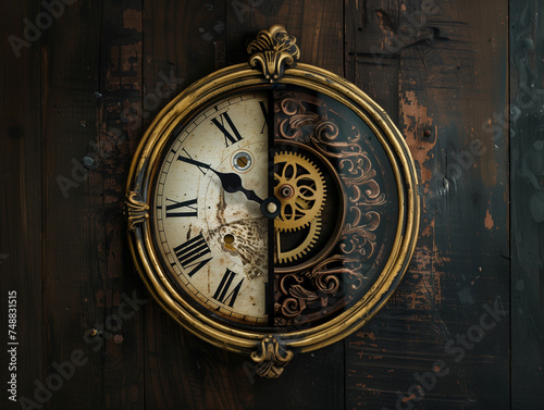 Horloge antique dont les deux moitiés sont séparées : l'une blanche, l'autre noire sur arrière-plan boisé photo