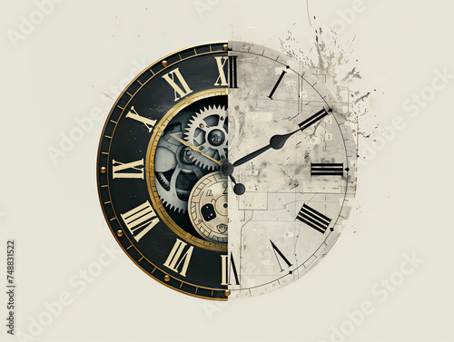 Horloge dont les deux moitiés sont séparées : l'une blanche et design, l'autre noire et antique sur arrière-plan blanc