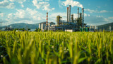 sulfer smoke cloud of pollution from coal power plant air environmental destruction. panorama view on agro silos granary elevator on agro-processing manufacturing plant for processing drying cleaning.