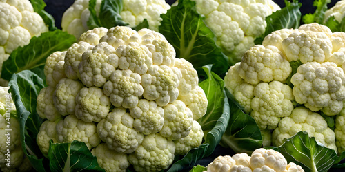 Group of cauliflower with green leaves. Cauliflower background.