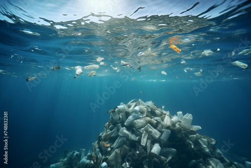 Plastic bags polluting the ocean. Plastic pollution in oceans, global water pollution. Illustration of industrial waste problem and recycling issues. Climate change and environmental crisis.