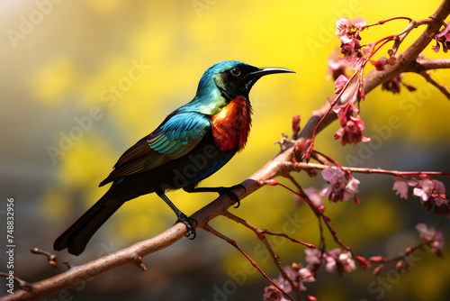  colorful bird perched on a branch adorned with blooming flowers. The bird, with its iridescent blue and green feathers © manof
