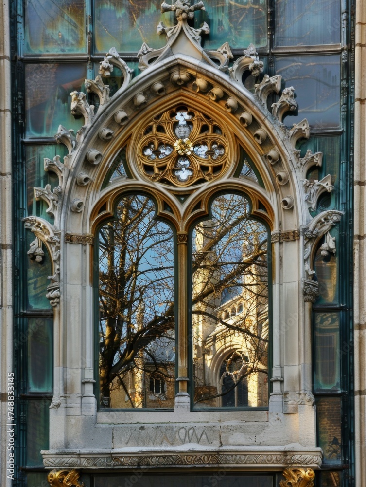 Gothic style ornate window architecture - The ornate window features intricate Gothic style architecture with beautiful details and a reflection of trees in the background