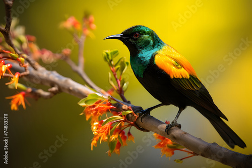  colorful bird perched on a branch adorned with blooming flowers. The bird, with its iridescent blue and green feathers