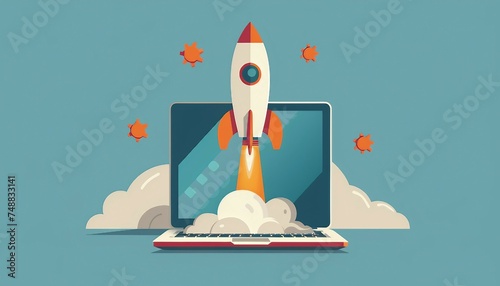 Innovative Launch: Rocket Emerges from Laptop Screen, power of innovation with an image showing a rocket emerging from a laptop screen, AI