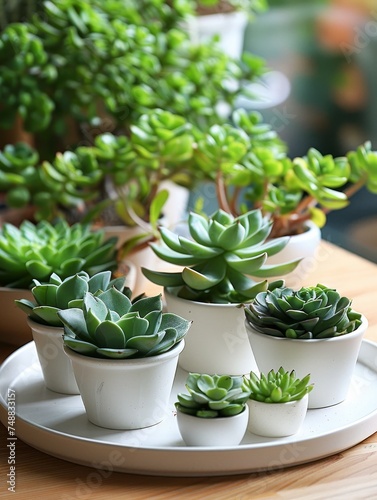 plants pots sit on a wooden table, in the style of dark white and light green
