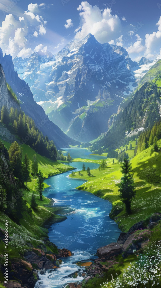Lush Green Landscape with River and Peaks - A photorealistic landscape of a vibrant green valley, winding river and majestic snowy peaks under a clear blue sky