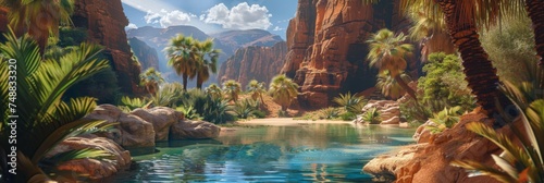 Lush canyon oasis with tropical palm trees - A vivid portrayal of a hidden oasis within a canyon  surrounded by palm trees and serene water reflecting the sky