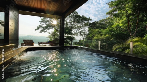 Luxurious infinity pool with forest view - A serene infinity pool overlooking a lush forest at sunset, with wooden deck and lounge chairs © Mickey