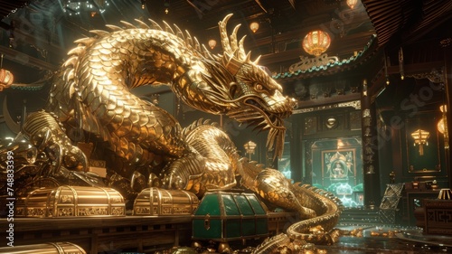 Majestic golden dragon in illuminated temple - In this image, we see a grand golden dragon centerpiece in a richly adorned temple with brilliant lighting and cultural artifacts