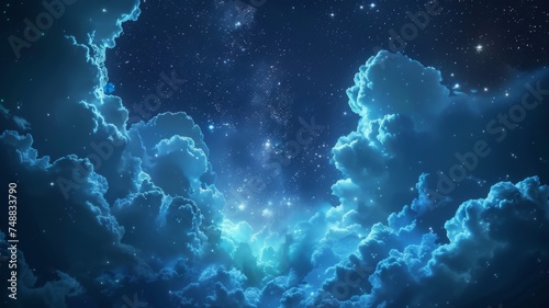 Starry cloudscape with a celestial feel - A digital art sky scene with vibrant blue clouds reminiscent of a nebula in space, creating a sense of wonder photo