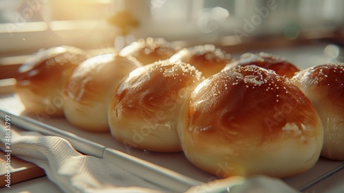 Freshly baked golden-brown buns lined up on a white tray