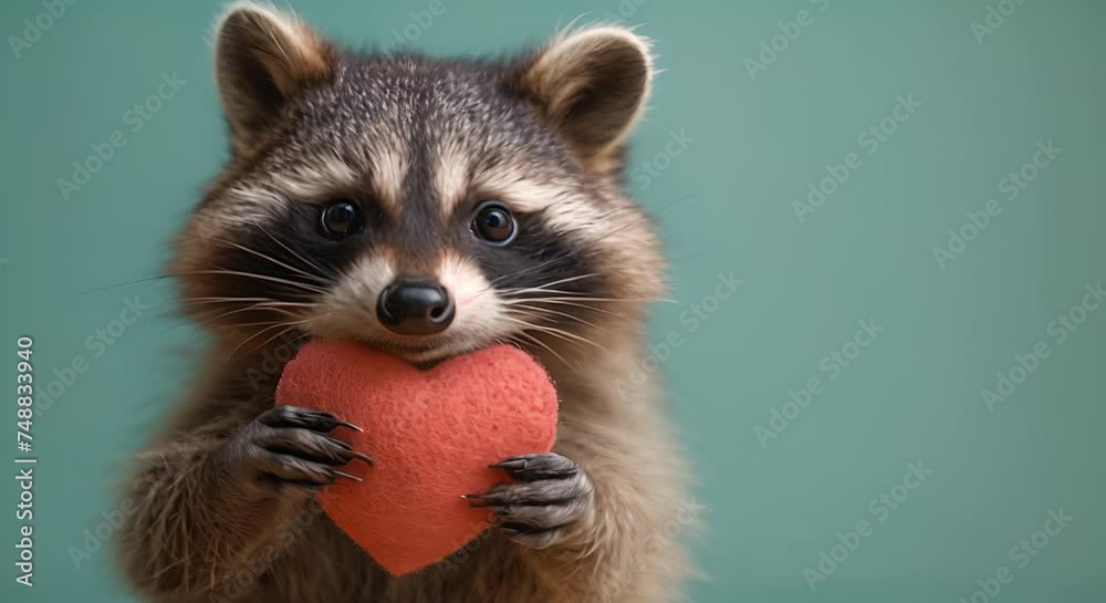 Adorable racoon holding heart on pastel green background. Valentine background Pretty grey mammal hugging pink red heart Wildlife animal, love concept Happy Valentine's Day 4k video