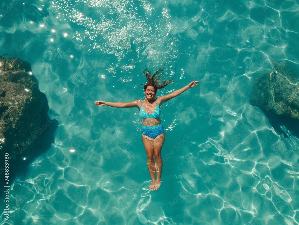 Top view of woman relaxed swimming in water