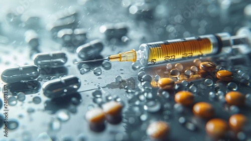 Detailed medical scene with a syringe and scattered pills on a wet surface © rorozoa