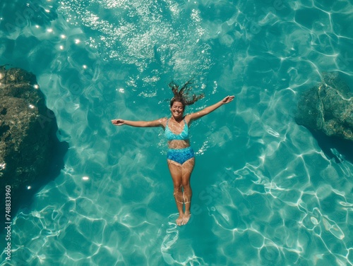 Top view of woman relaxed swimming in water