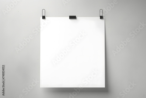mockup a blank white poster or sheet of paper. It’s clipped at the top and hanging against a grey wall