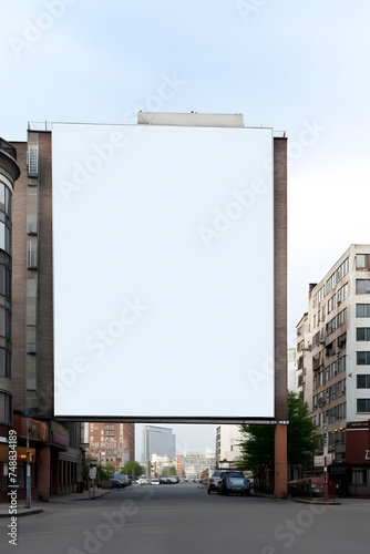 white mockup large  blank billboard situated above a street in an urban setting   urban street scene with buildings on either side that have various architectural styles and windows