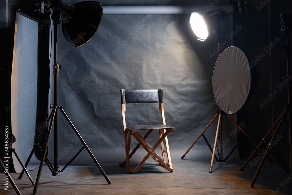 Professional photography studio setup with lighting equipment and a chair