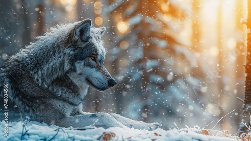 Grey wolf's gaze in forest setting evokes wild instinct and natural habitat's mystery photo