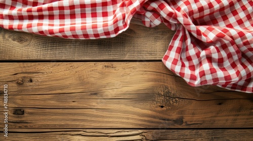 Vintage Red Checkered Kitchen Picnic Tablecloth on Wooden Table Texture Background with Copy Space. Top View, From Above