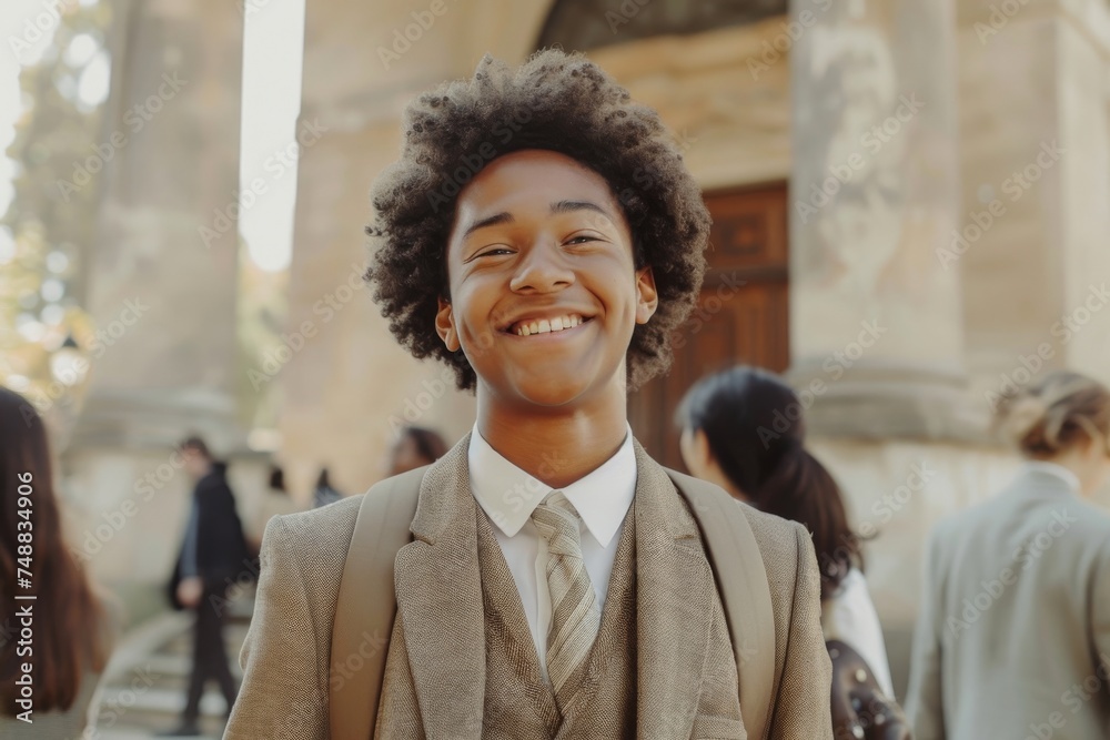 A joyful, grinning university student immersed in the chaotic charm of academia. A joyful, grinning university student immersed in the chaotic charm of academia.