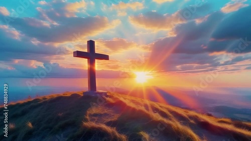 cross on top of a mountain at sunset