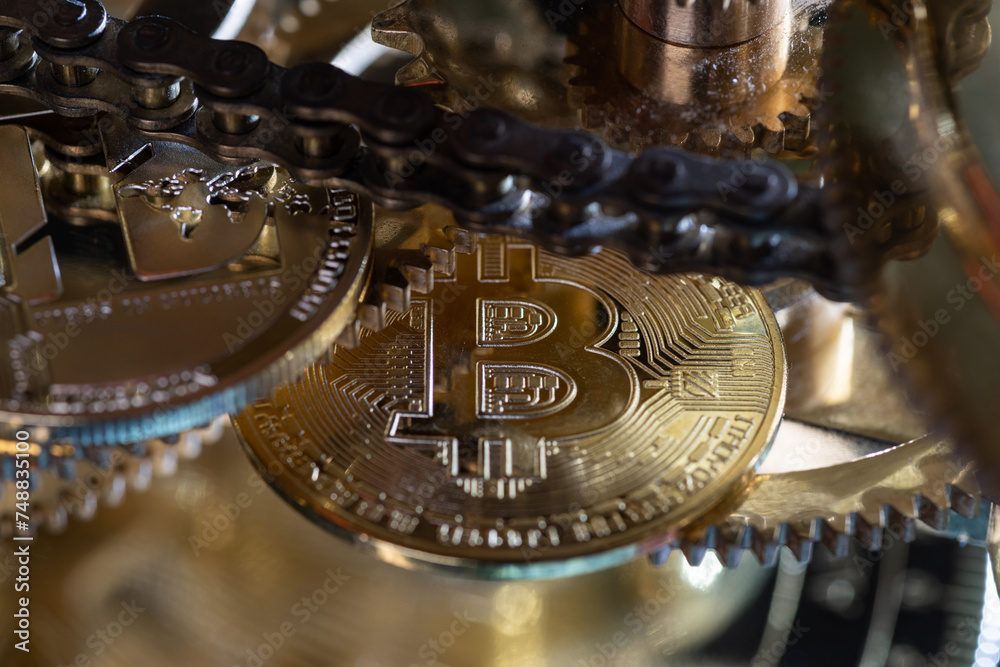 BTC, bitcoin, finance concept. Abstract background with mechanical gears of a clock