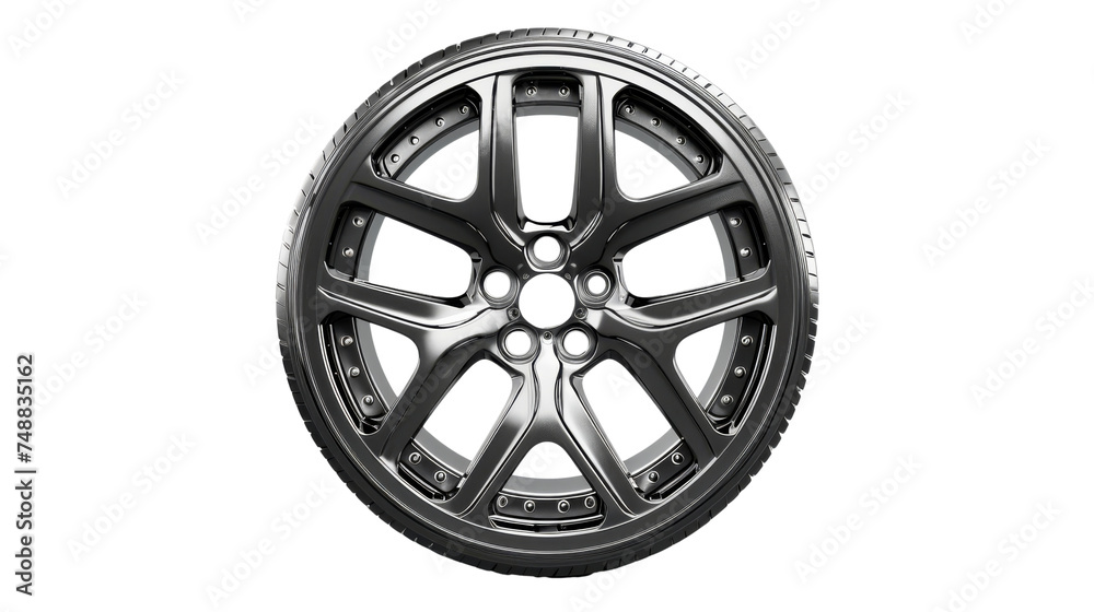Close-Up of a Modern Car Alloy Wheel With High-Performance Tire