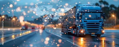 Advancements in international trade and shipping technology illustrated by a cargo truck on the highway. Concept International Trade, Shipping Technology, Cargo Truck, Highway, Advancements