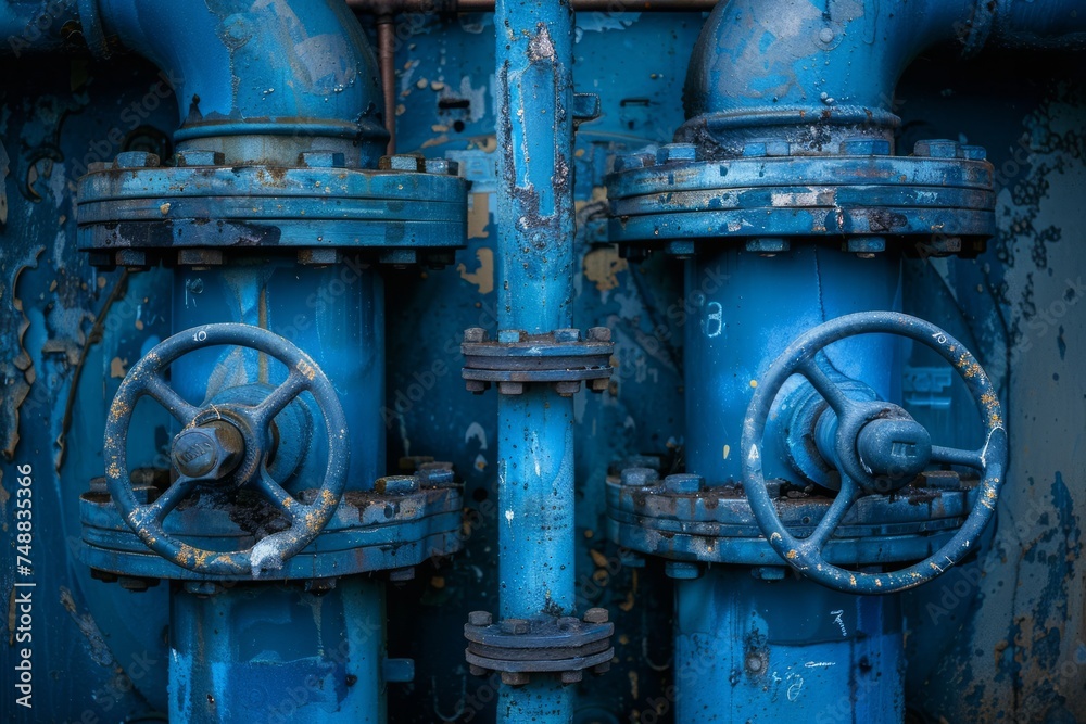 Complex network of blue industrial pipes with valves Complex network of blue industrial pipes with valves