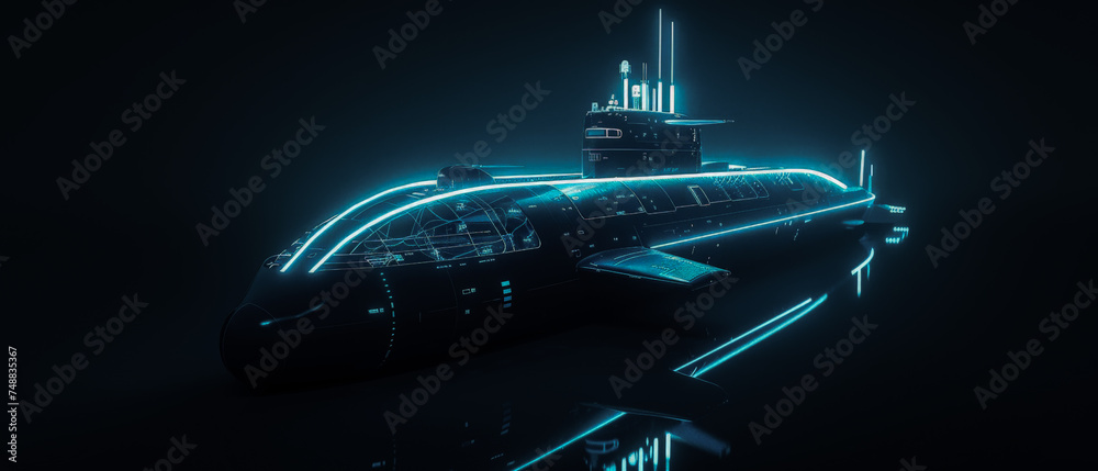 A submarine is lit up in the dark with a blue light