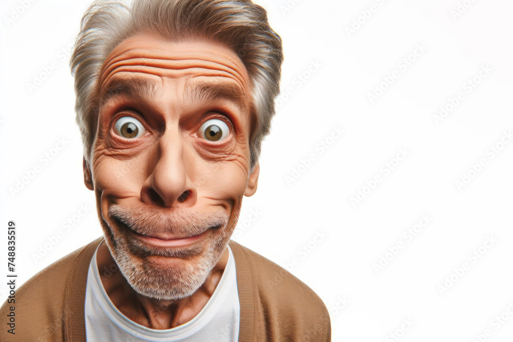 Funny face of a surprised senior man shot at a wide angle isolated on a white background. ai generative Funny face of a surprised senior man shot at a wide angle isolated on a white background. ai generative