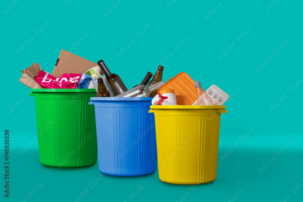 Trashcans, waste sorting concept. Recycled plastic trash bins Trashcans, waste sorting concept. Recycled plastic trash bins