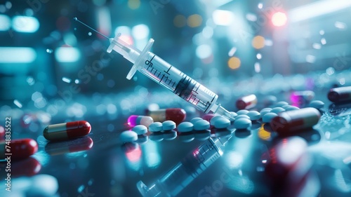 Detailed medical scene with a syringe and scattered pills on a wet surface photo