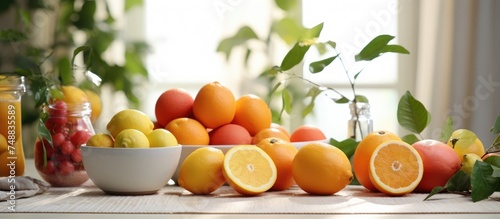 A variety of different types of fresh fruits, including citrus fruits, are neatly arranged on a white kitchen table. The fruits are colorful and vibrant, showcasing a healthy and appetizing display.