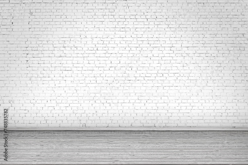 Stone brick walls and wooden floor for mock up. Rustic old wooden planks, shelf or table surface. Empty room background for product displaing and copy space for text photo