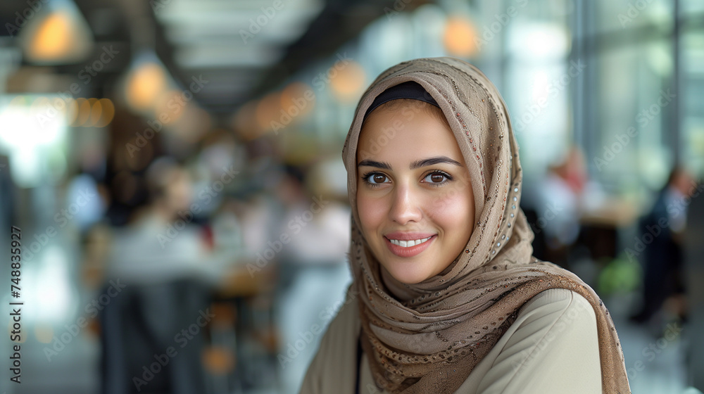Smiling portrait of a businesswoman of arab descent wearing a hijab working on desk in a modern business office tower. Smiling portrait of a businesswoman of arab descent wearing a hijab working on desk in a modern business office tower.